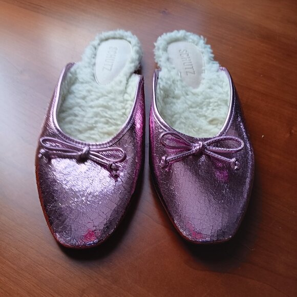 Pink Metallic Crinkle Cellophane Leather Ballet Mules - Picture 1 of 6